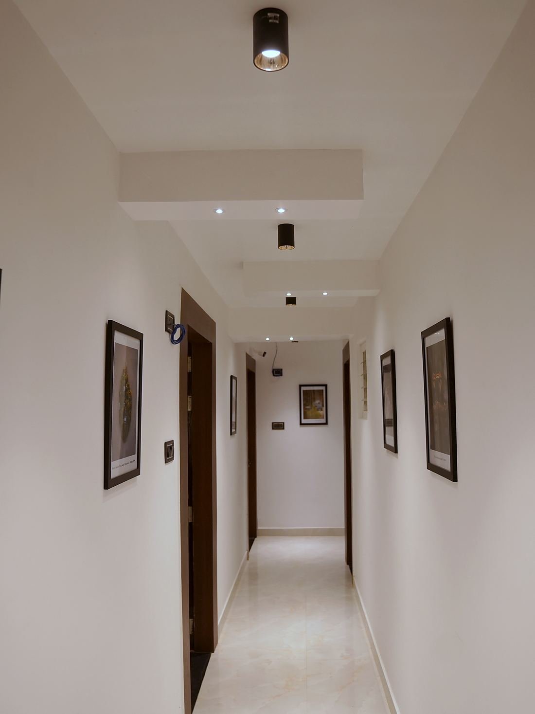 A guest-floor corridor hung with framed prints of Assam wildlife